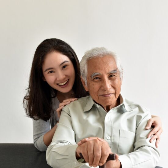 Asian senior father and smiling daughter, Happy family relationship, Elderly home nursing care, Happy retirement concept.