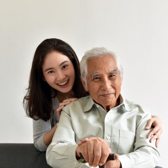 Asian senior father and smiling daughter, Happy family relations Asian senior father and smiling daughter, Happy family relationship, Elderly home nursing care, Happy retirement concept.
